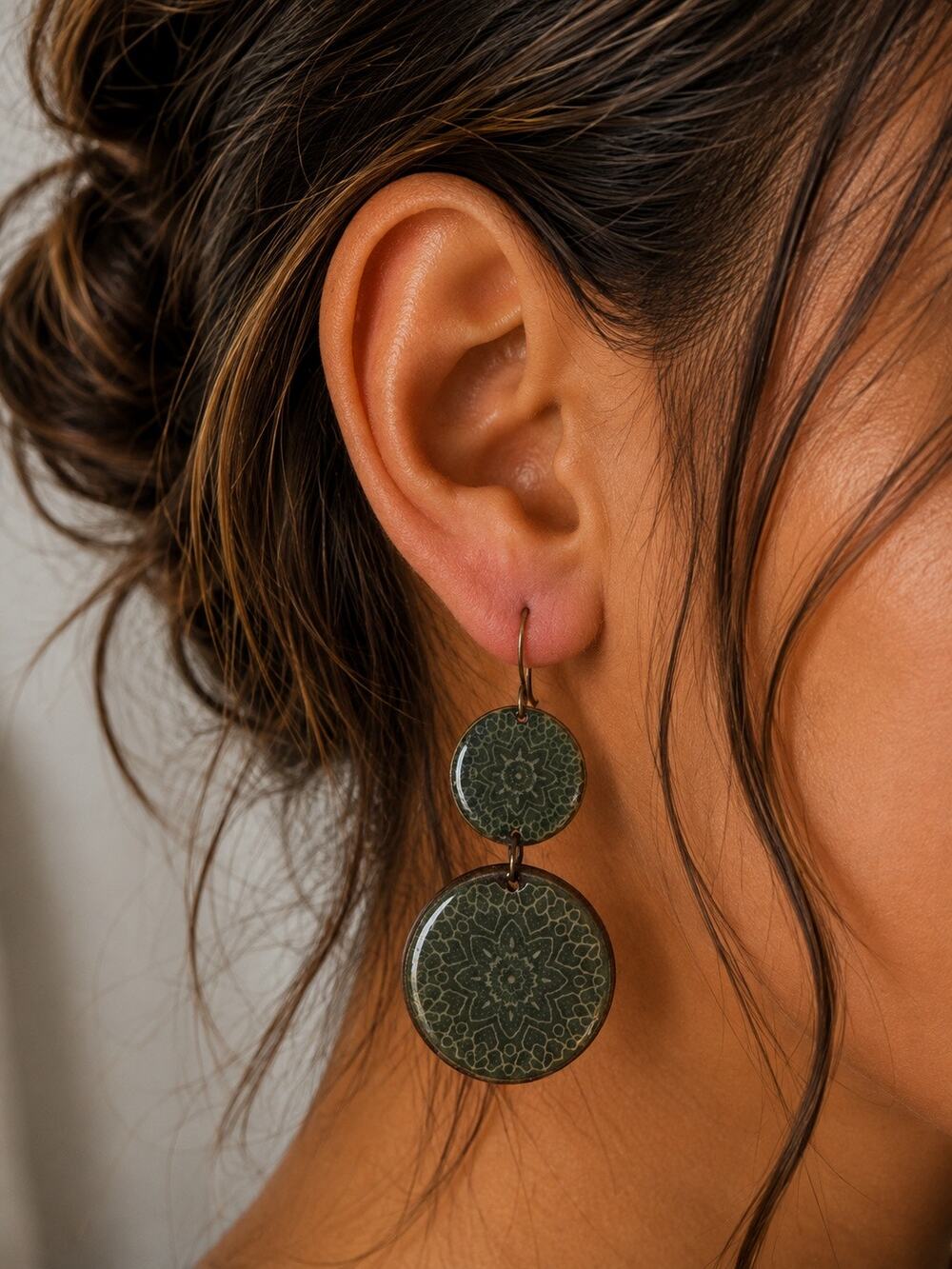 BOGO FREE Boho Green Mandala Disc Dangle Earrings Double Circle Brass